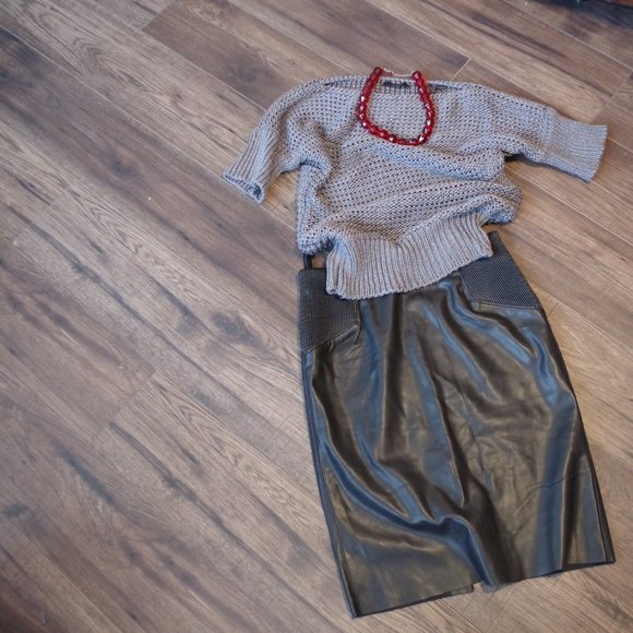 Gray Knit Sprit Sweater& Faux Leather Skirt - Picture 7 of 15